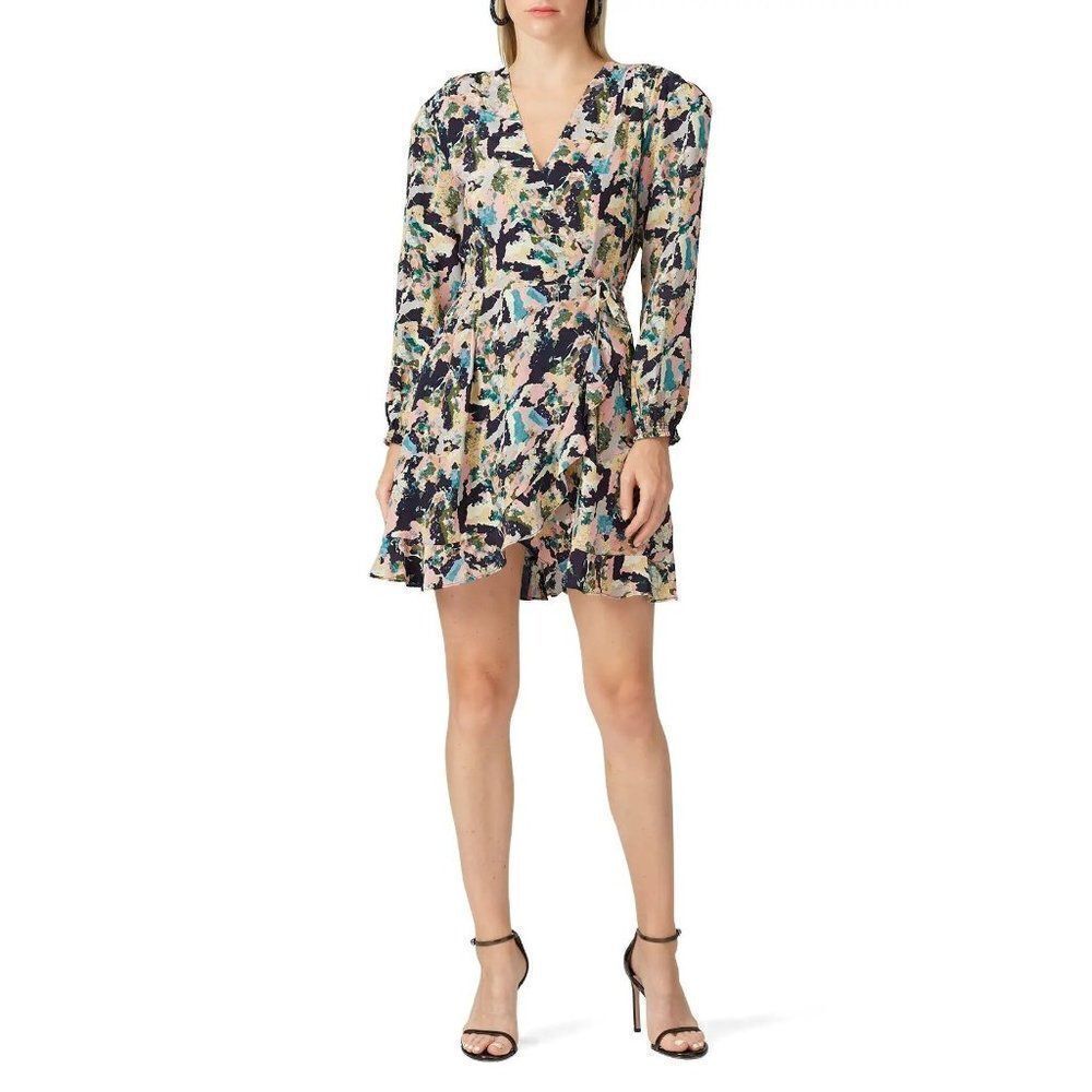 IRO Women's Bloomy Wrap Ruffle Trim Abstract Satin Mini Dress Watercolor 44